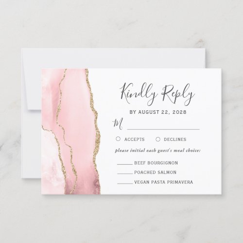Blush Pink Gold Agate Meal Options RSVP Card