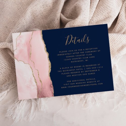 Blush Pink Gold Agate Navy Blue Wedding Details Enclosure Card