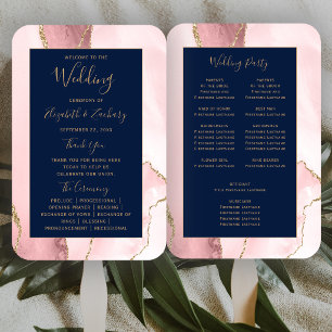 Blush Pink Gold Agate Navy Blue Wedding Program Hand Fan