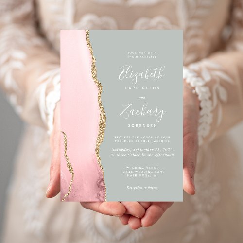 Blush Pink Gold Agate Pale Sage Green Wedding Invitation