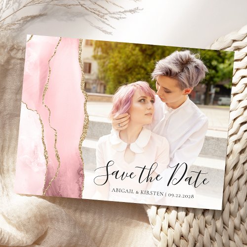 Blush Pink Gold Agate Photo Save the Date Postcard