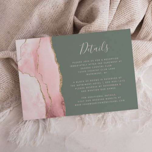 Blush Pink Gold Agate Sage Green Wedding Details Enclosure Card