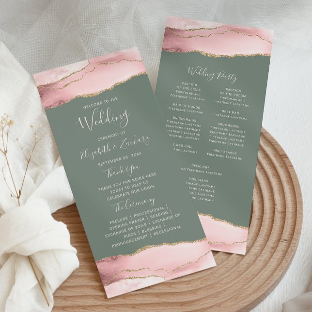 Blush Pink Gold Agate Sage Green Wedding Program (Creator Uploaded)