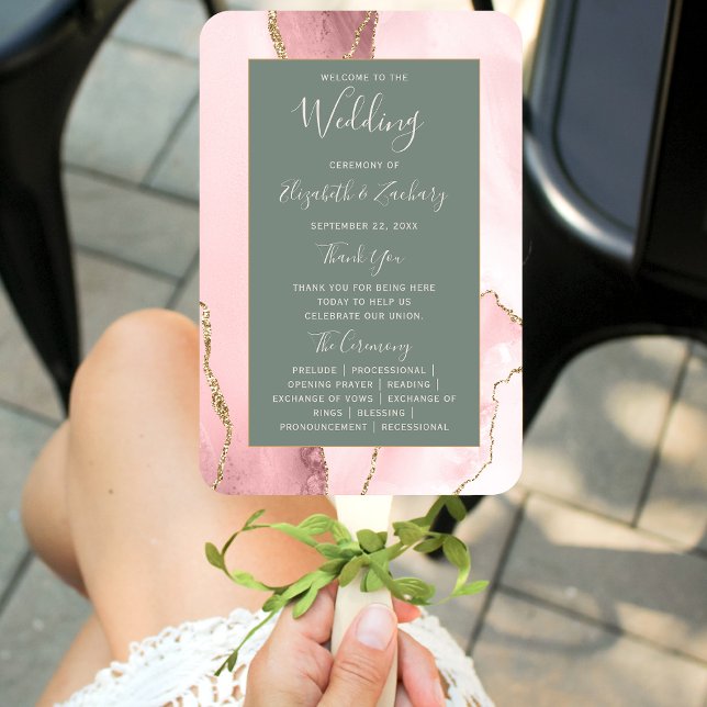 Blush Pink Gold Agate Sage Green Wedding Program Hand Fan (Creator Uploaded)