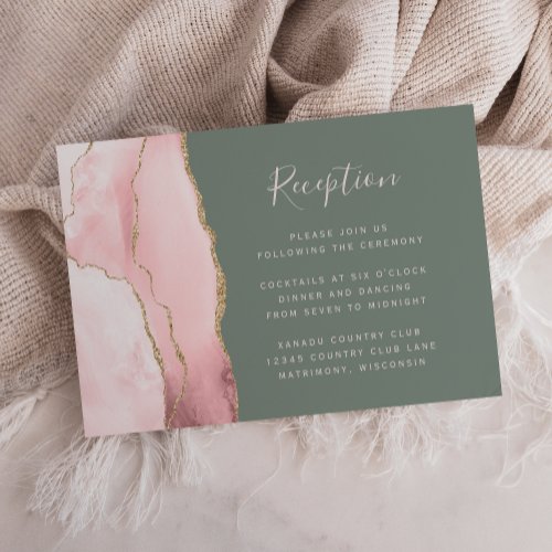 Blush Pink Gold Agate Sage Green Wedding Reception Enclosure Card