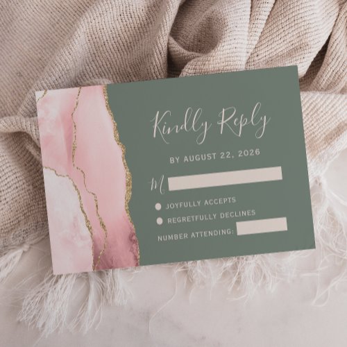 Blush Pink Gold Agate Sage Green Wedding RSVP Card