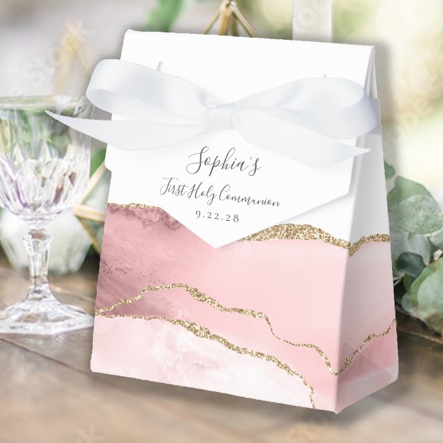 Blush Pink Gold Agate Script First Communion Favor Boxes (Creator Uploaded)