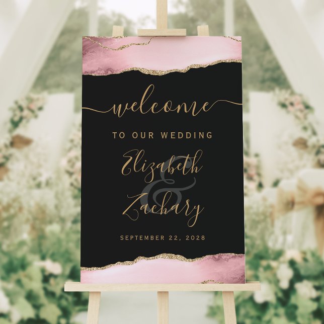 Blush Pink Gold Agate Vertical Wedding Welcome Foam Board (An elegant choice for a wedding with a blush pink, gold and slate black color palette.)
