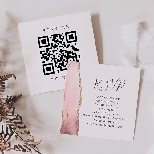 Blush Pink Gold Agate Wedding QR Code RSVP Enclosure Card