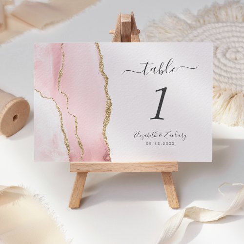 Blush Pink Gold Agate Wedding Table Number