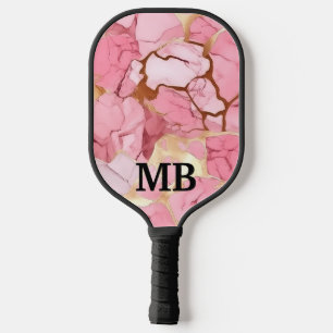 Blush Pink Gold Alcohol Ink Marble Monogram Pickleball Paddle