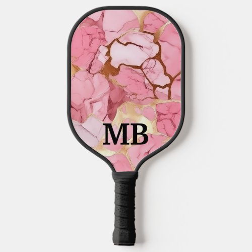 Blush Pink Gold Alcohol Ink Marble Monogram Pickleball Paddle