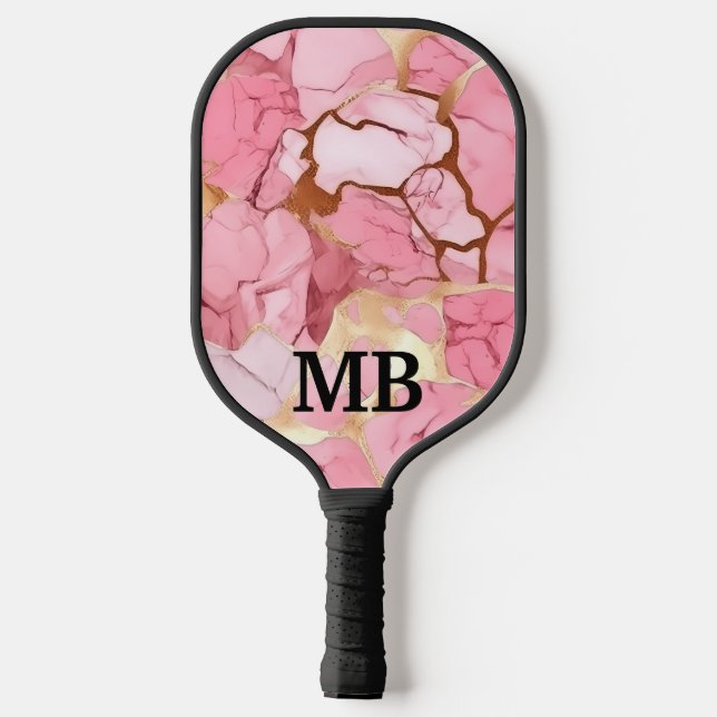 Blush Pink Gold Alcohol Ink Marble Monogram Pickleball Paddle (Back)