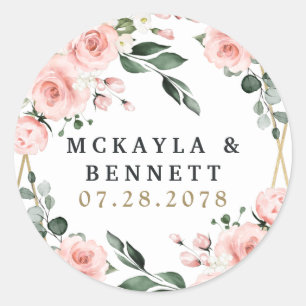 Blush Pink Gold and White Floral Greenery Wedding Classic Round Sticker