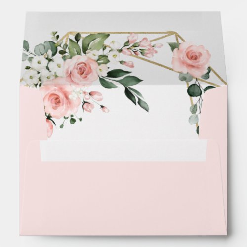 Blush Pink Gold and White Floral Greenery Wedding Envelope