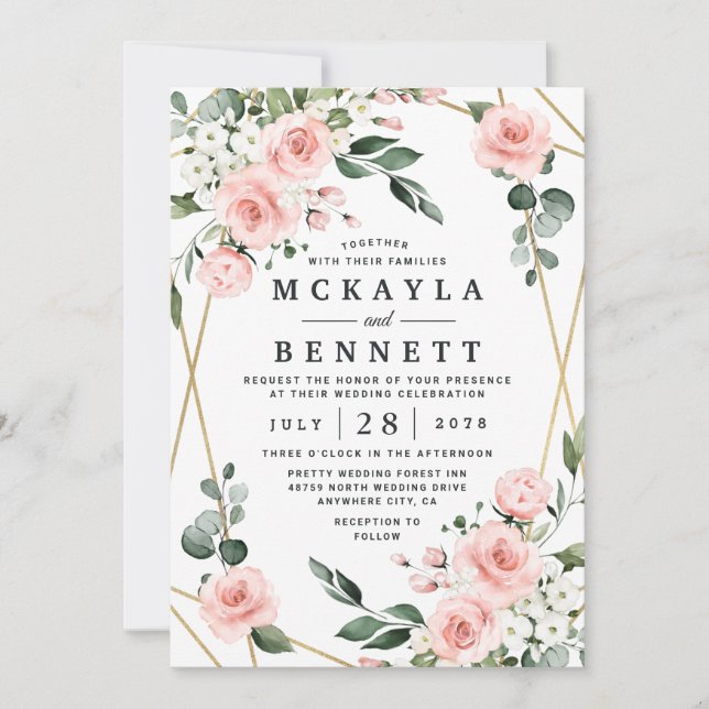 Blush Pink Gold and White Floral Greenery Wedding Invitation (Front)