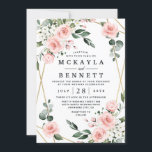 Blush Pink Gold and White Floral Greenery Wedding Invitation<br><div class="desc">Design features an elegant geometric gold colored (printed) frame decorated in watercolor blush pink roses,  peonies,  hydrangea,  baby's breath and more over various types of greenery branches and leaves.   View the collection on this page to find matching products from this suite.</div>