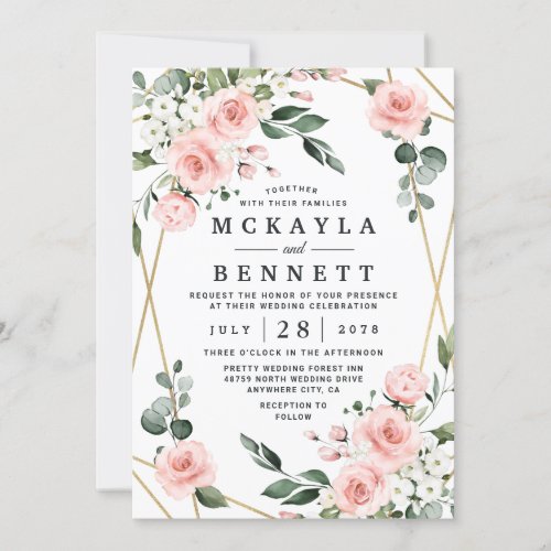 Blush Pink Gold and White Floral Greenery Wedding Invitation
