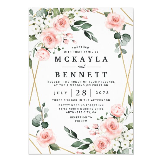Blush Pink Gold and White Floral Greenery Wedding Invitation
