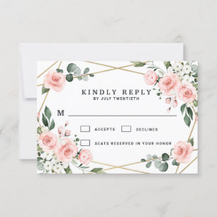 Blush Pink Gold and White Floral Greenery Wedding RSVP Card