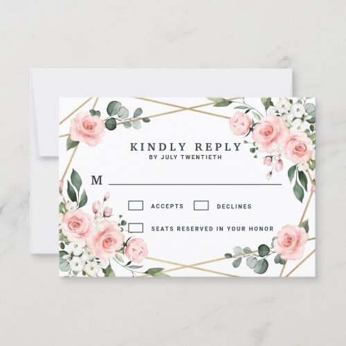 Blush Pink Gold and White Floral Greenery Wedding RSVP Card