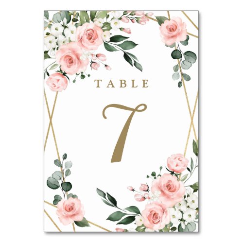 Blush Pink Gold and White Floral Greenery Wedding Table Number