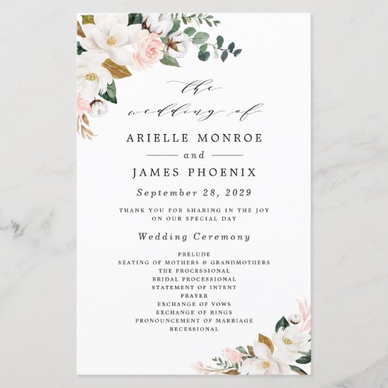 Blush Pink Gold and White Floral Wedding Programs