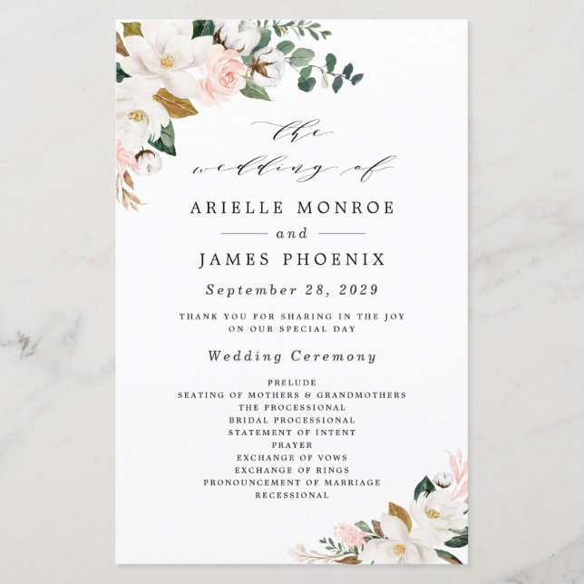 Blush Pink Gold and White Floral Wedding Programs (Front)