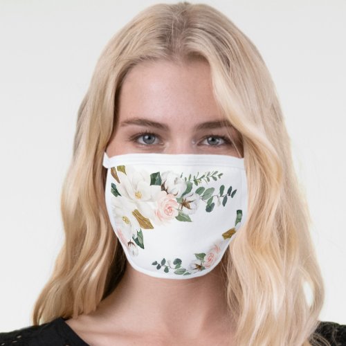 Blush Pink Gold and White Magnolia Floral Greenery Face Mask