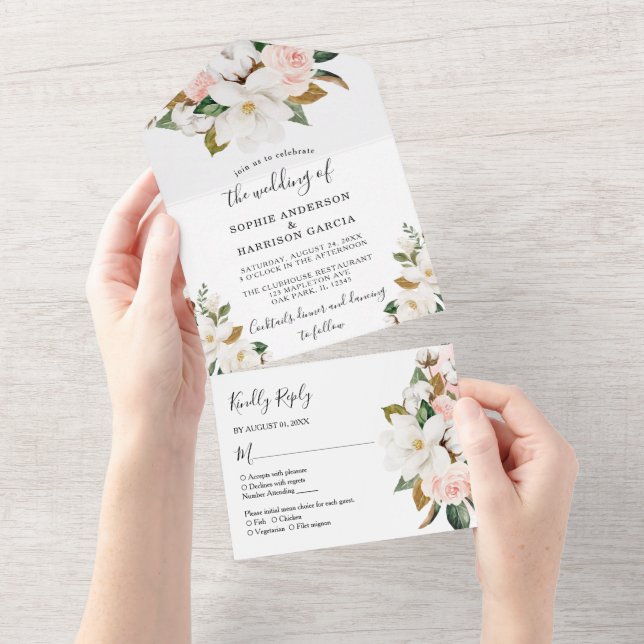 Blush Pink Gold and White Magnolia Floral Wedding All In One Invitation (Tearaway)