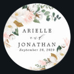 Blush Pink Gold and White Magnolia Floral Wedding Classic Round Sticker<br><div class="desc">Designs features elegant magnolia, peony rose, eucalyptus, greenery and other watercolor elements in white, blush pink or pink peach and more. The greenery features shades of dark and light green colors with some elements featuring gold, antique gold and copper. This classy item is versatile for varieties of wedding themes --...</div>