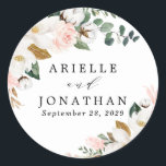 Blush Pink Gold and White Magnolia Floral Wedding Classic Round Sticker<br><div class="desc">Designs features elegant magnolia, peony rose, eucalyptus, greenery and other watercolor elements in white, blush pink or pink peach and more. The greenery features shades of dark and light green colors with some elements featuring gold, antique gold and copper. This classy item is versatile for varieties of wedding themes --...</div>