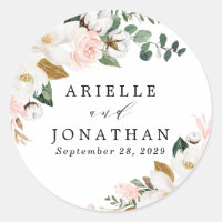 Blush Pink Gold and White Magnolia Floral Wedding Classic Round Sticker