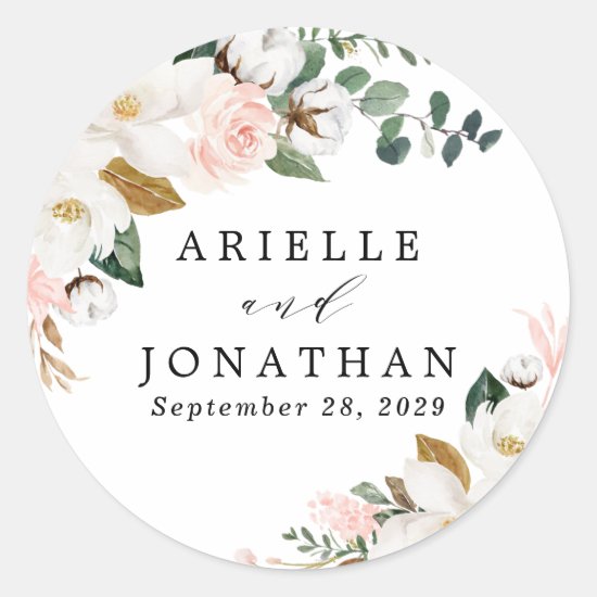 Blush Pink Gold and White Magnolia Floral Wedding Classic Round Sticker