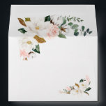 Blush Pink Gold and White Magnolia Floral Wedding Envelope<br><div class="desc">Designs features elegant magnolia, peony rose, eucalyptus, greenery and other watercolor elements in white, blush pink or pink peach and more. The greenery features shades of dark and light green colors with some elements featuring gold, antique gold and copper. This classy item is versatile for varieties of wedding themes --...</div>