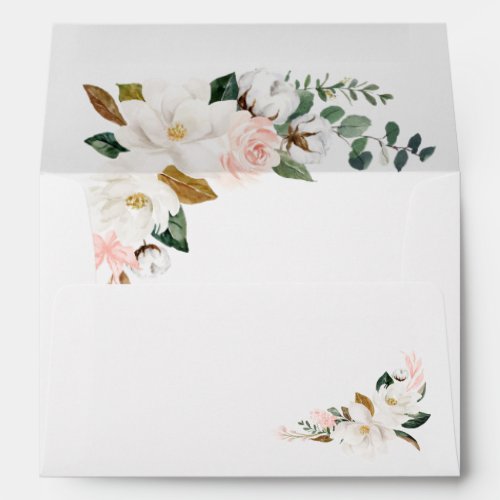 Blush Pink Gold and White Magnolia Floral Wedding Envelope
