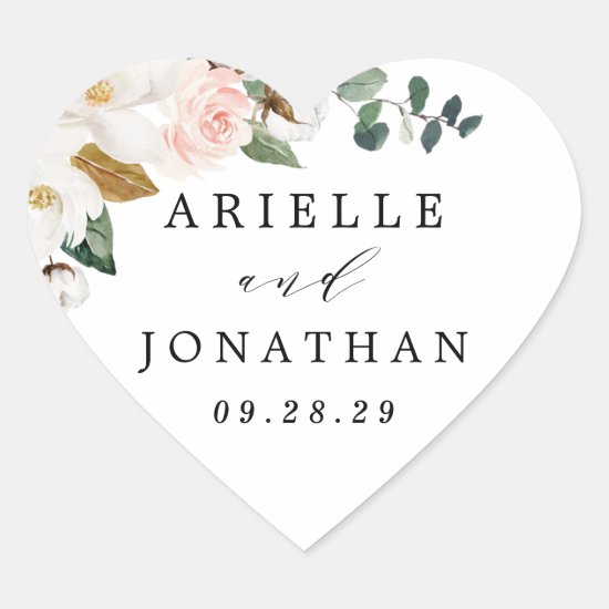 Blush Pink Gold and White Magnolia Floral Wedding Heart Sticker