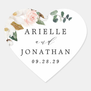 Blush Pink Gold and White Magnolia Floral Wedding Heart Sticker