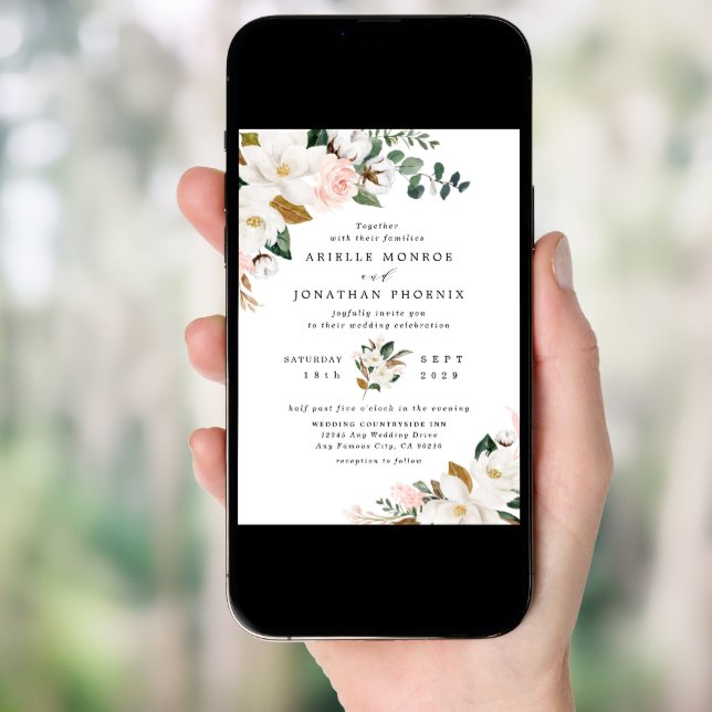 Blush Pink Gold and White Magnolia Floral Wedding Invitation (Front Digital)