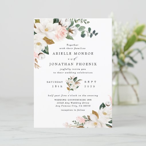 Blush Pink Gold and White Magnolia Floral Wedding Invitation | Zazzle