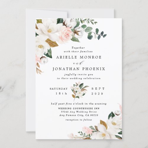 Blush Pink Gold and White Magnolia Floral Wedding Invitation - Designs features elegant magnolia, peony rose, eucalyptus, greenery and other watercolor elements in white, blush pink or pink peach and more.  The greenery features shades of dark and light green colors with some elements featuring gold, antique gold and copper.  This classy item is versatile for varieties of wedding themes -- spring, summer, winter, country, vintage, beach and more.  The wedding date is surrounded by a matching bouquet for a unique twist.  View the collection on this page to view matching items in this design.