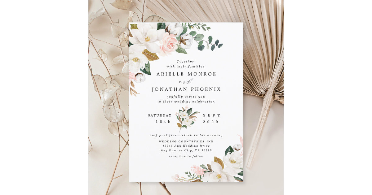 Blush Pink Gold and White Magnolia Floral Wedding Invitation | Zazzle