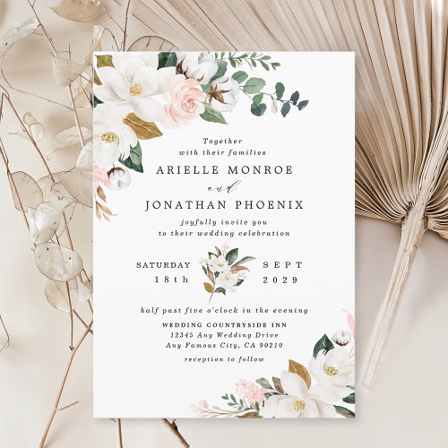 Blush Pink Gold and White Magnolia Floral Wedding Invitation