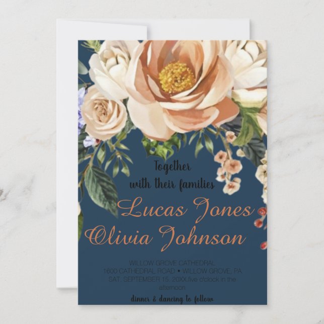 Blush Pink Gold and White Magnolia Floral Wedding  Invitation (Front)