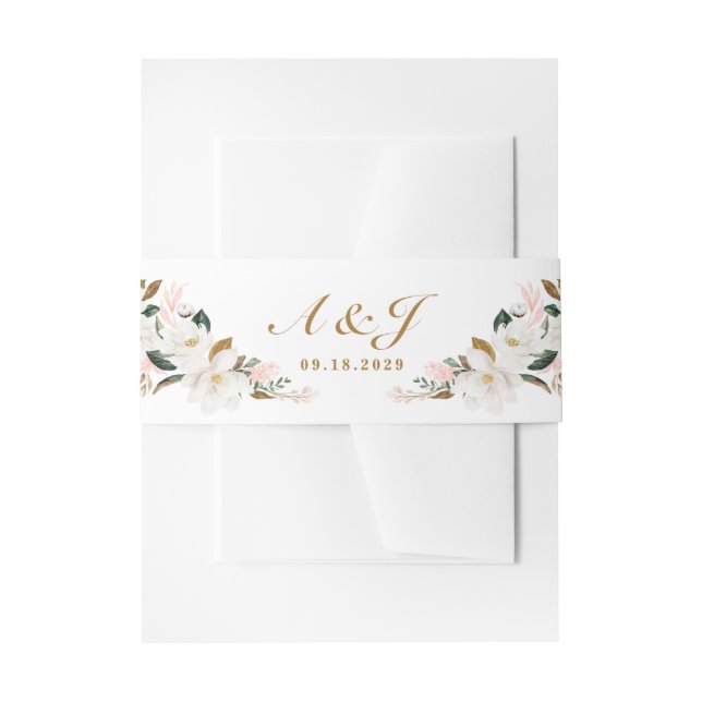 Blush Pink Gold and White Magnolia Floral Wedding Invitation Belly Band (Front Example)