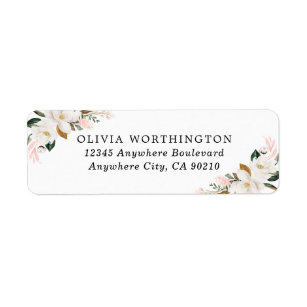 Blush Pink Gold and White Magnolia Floral Wedding Label