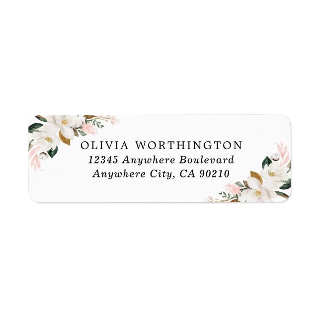 Blush Pink Gold and White Magnolia Floral Wedding Label (Front)