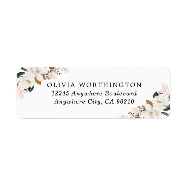 Blush Pink Gold and White Magnolia Floral Wedding Label