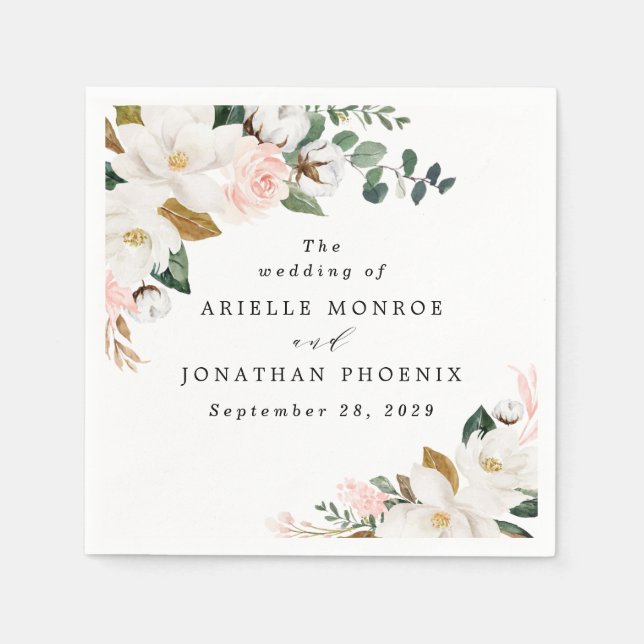 Blush Pink Gold and White Magnolia Floral Wedding Napkins (Front)