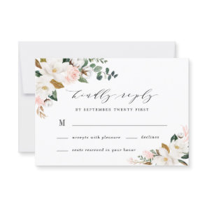 Blush Pink Gold and White Magnolia Floral Wedding RSVP Card